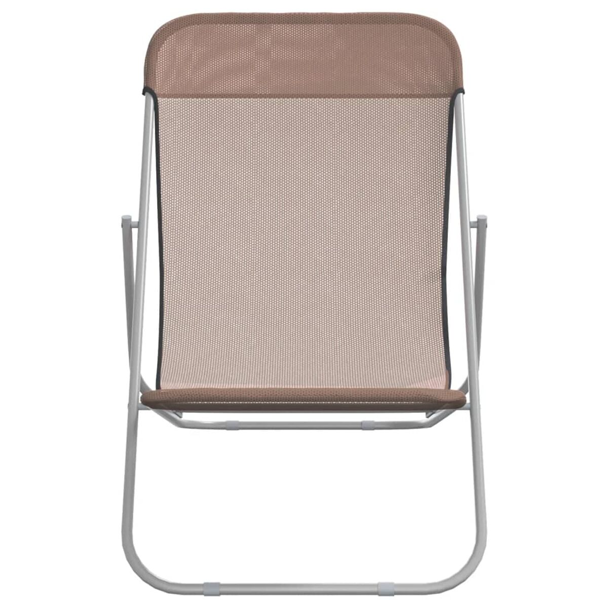 Klappbarer Outdoor-Stuhl, beigefarbener Netzsitz, silberner Rahmen, schlichtes Design.