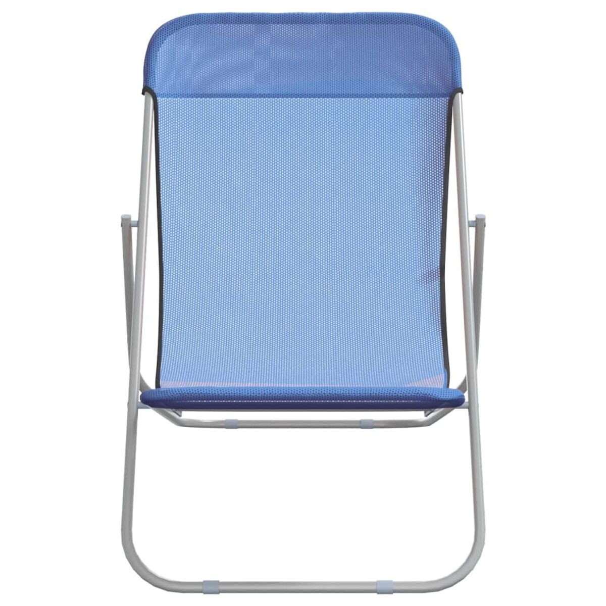 Ein blauer Klappstuhl aus Mesh mit silbernem Rahmen wird gezeigt.