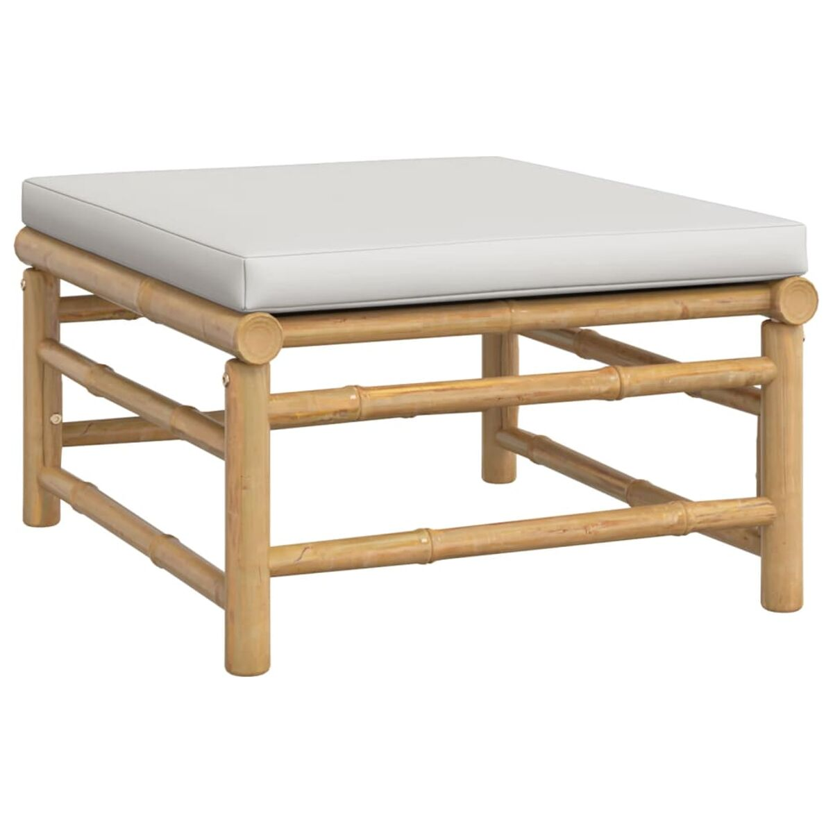Bambus-Hocker mit weißem Kissen. Der Hocker hat eine natürliche Bambusfarbe.