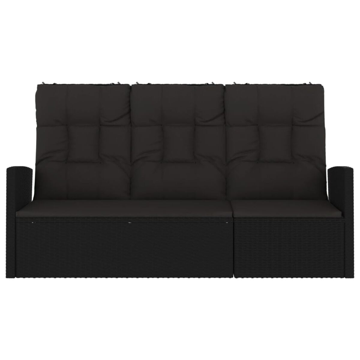 Schwarzes Outdoor-Sofa aus Korbgeflecht mit dicken schwarzen Kissen. Seitenarme.