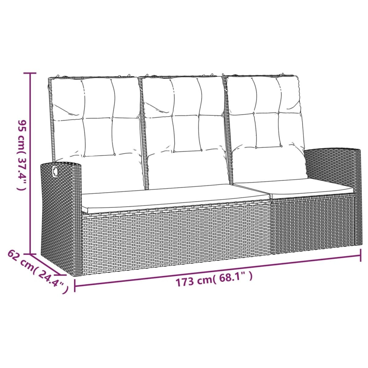 Zweisitzer-Rattansofa mit Maßen. 173 cm breit, 95 cm hoch und 62 cm tief.