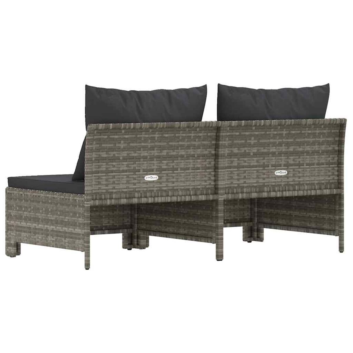 Graues Rattan-Outdoor-Sofaset mit dunklen Kissen, zwei Teile, Seitenansicht, weißer Hintergrund.