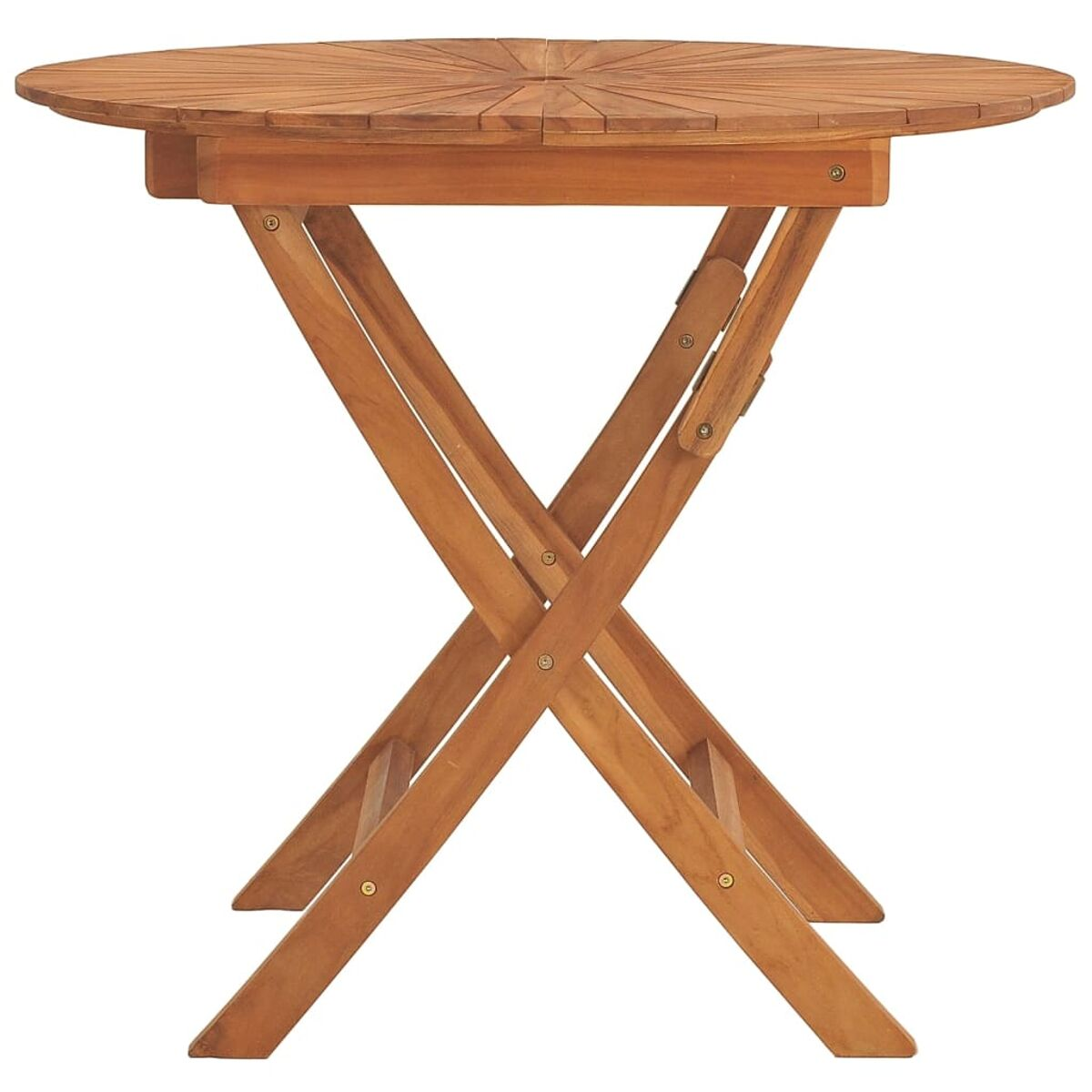 Klapptisch aus Holz mit runder Tischplatte und einem Untergestell mit Kreuzbeinen.