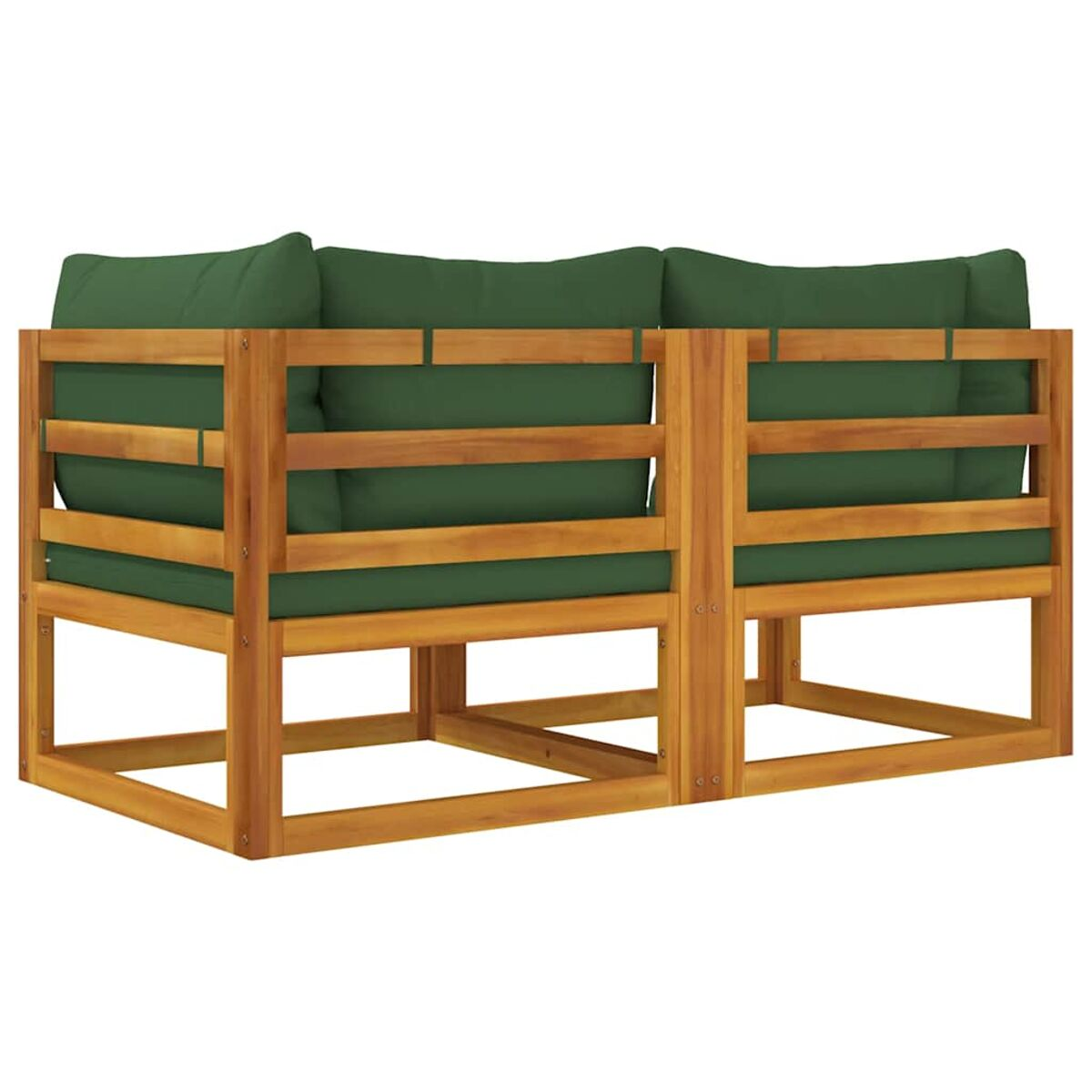 Outdoor-Sofa-Set aus Holz mit grünen Kissen. Zwei Teile sind sichtbar.