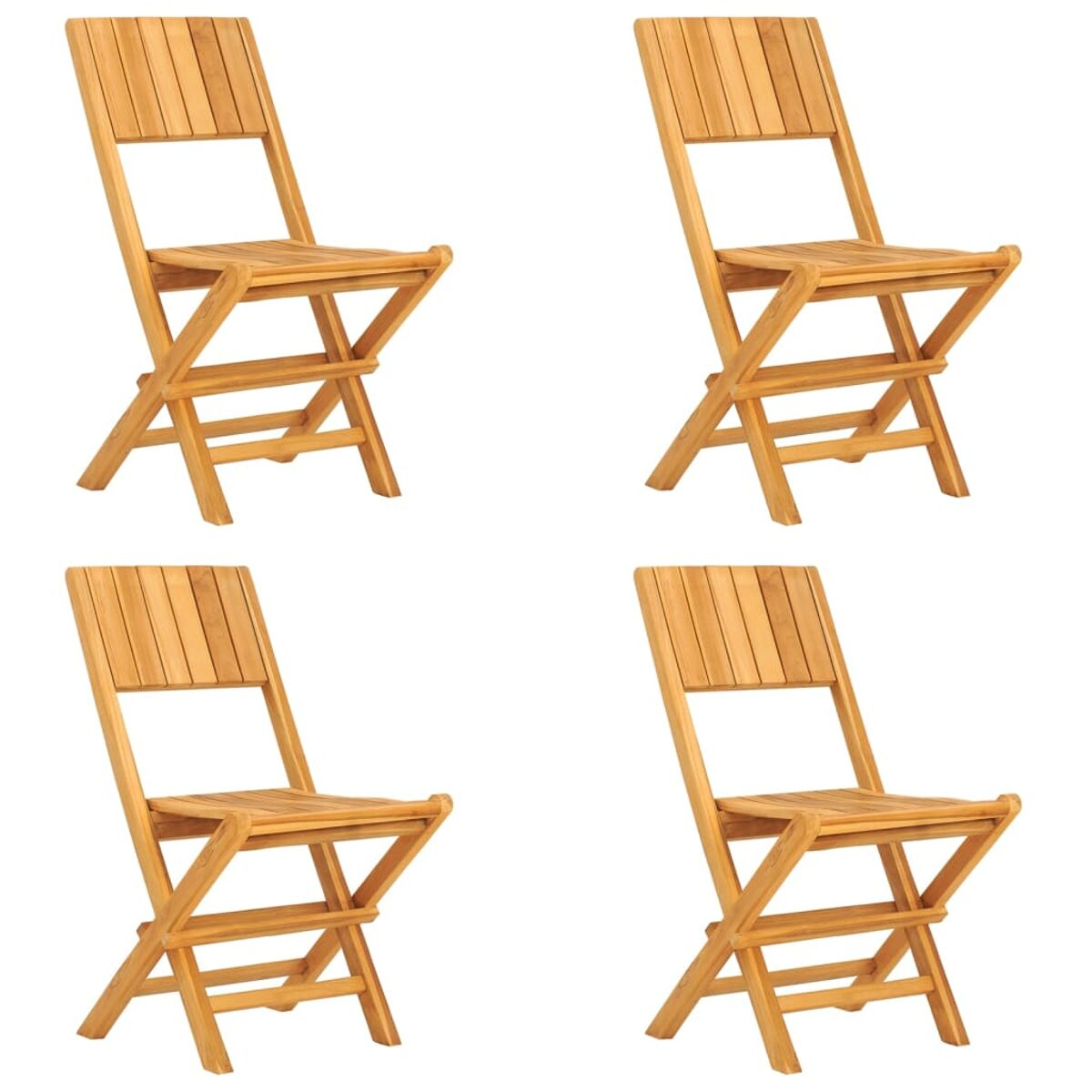 Vier Holzklappstühle sind vor weißem Hintergrund isoliert. Die Stühle sind in einer Reihe angeordnet.