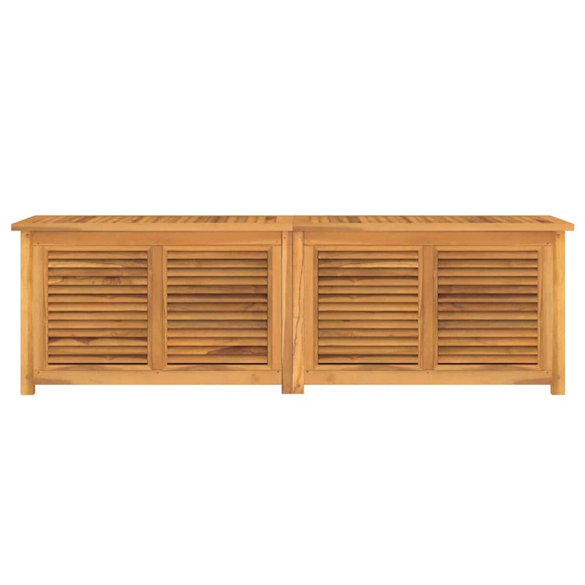 Holz-Aufbewahrungskiste für den Außenbereich mit Lamellentüren. Ein rechteckiges Design mit natürlicher Holzoberfläche.