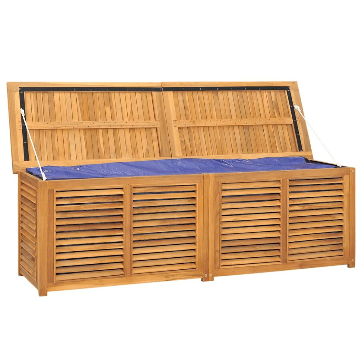 Holz-Aufbewahrungsbox mit offenem Deckel, der eine blaue Plane zeigt.