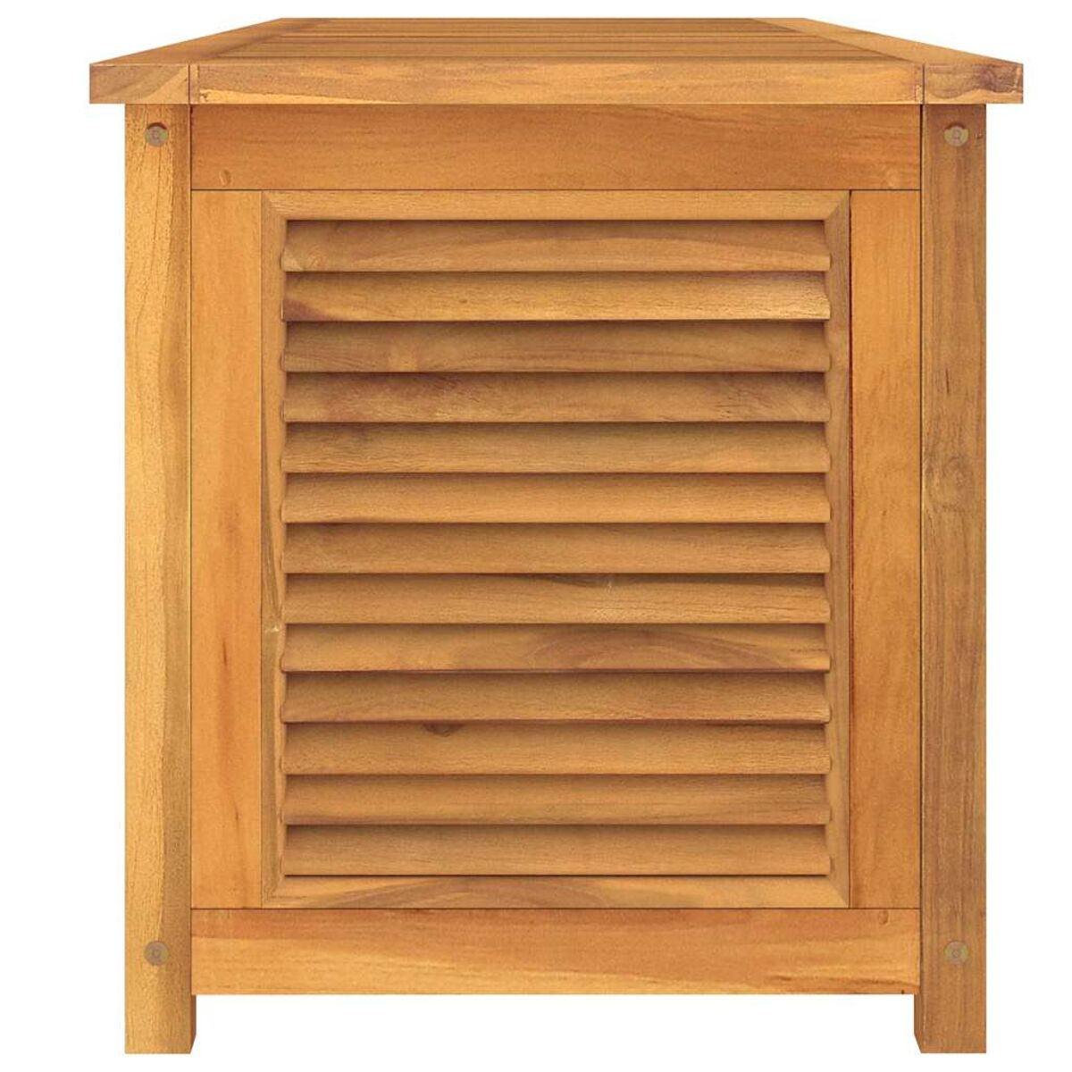 Holzschrank mit Lamellentür. Er ist aus hellem Holz gefertigt.