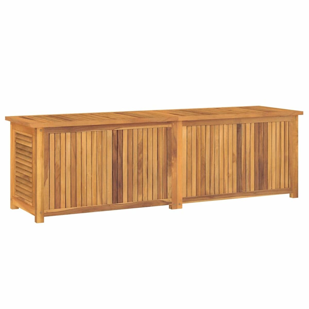 Eine lange Holz-Aufbewahrungsbox mit vertikalen Lamellen, vermutlich für draußen.