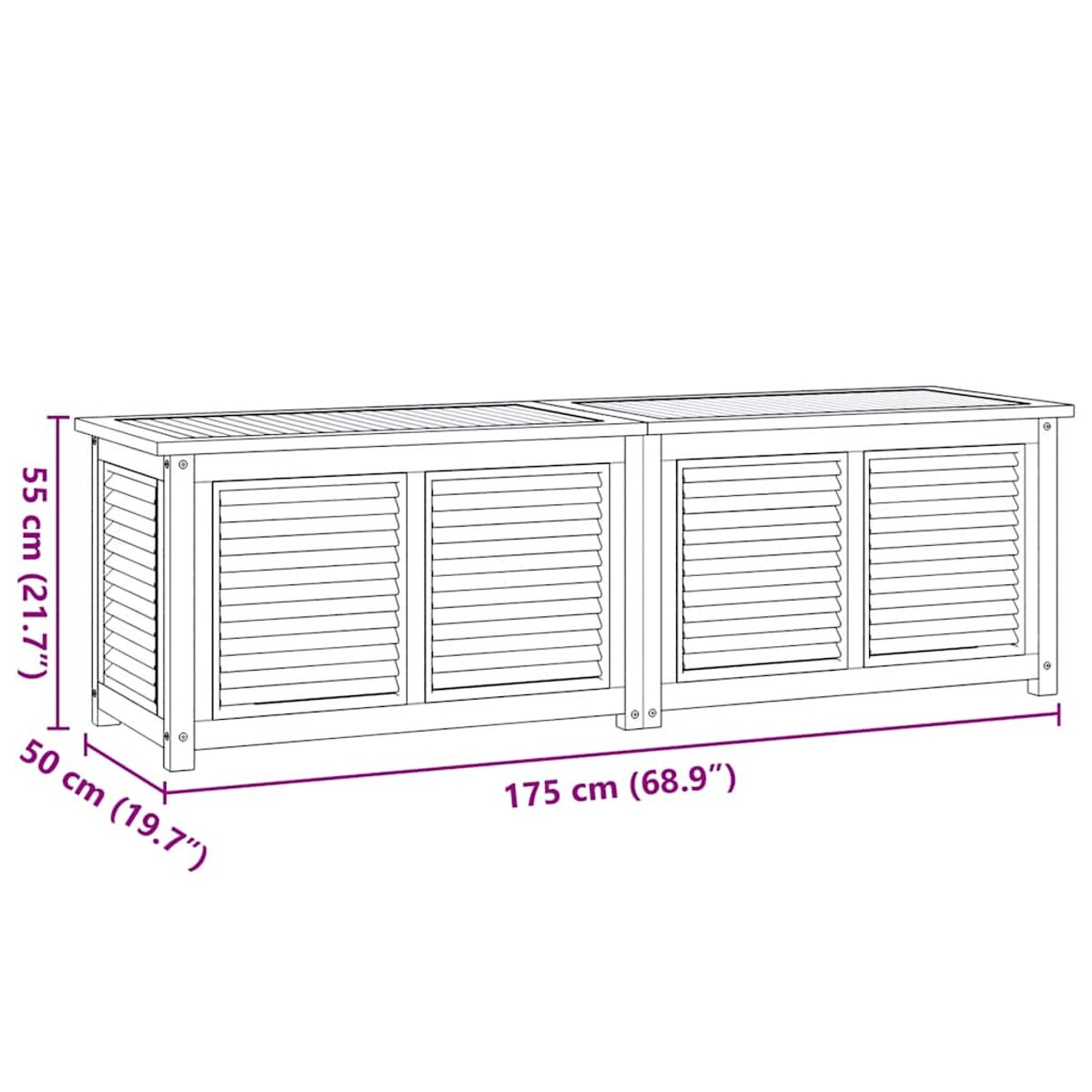 Outdoor-Stauschrank aus Holz mit Lattenrost und Türen mit Fensterläden.