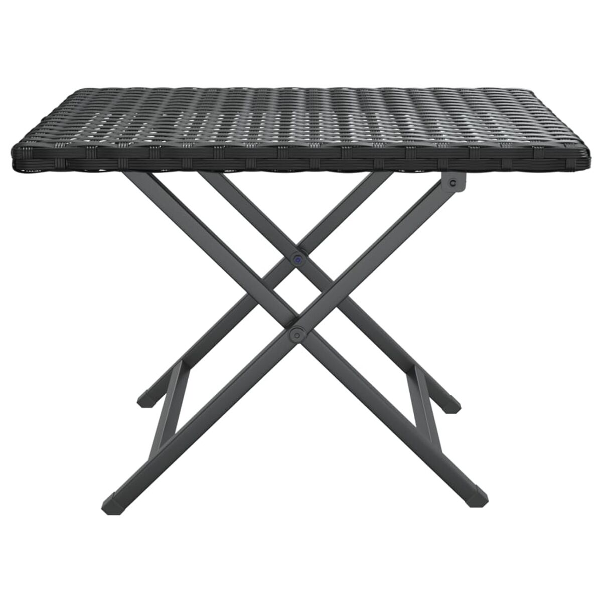 Ein quadratischer, faltbarer Tisch mit grauem Metallrahmen und dunkler Weboberfläche wird gezeigt.