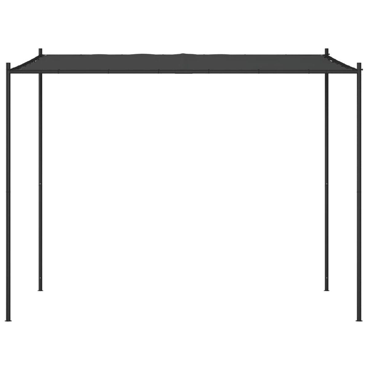Eine schwarze Metall-Pergola-Struktur mit einem schwarzen Stoffdach, von vorne betrachtet.