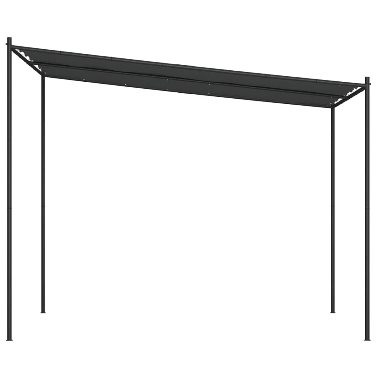 Schwarze Metallpergola mit rechteckigem Dach und vier Pfosten.