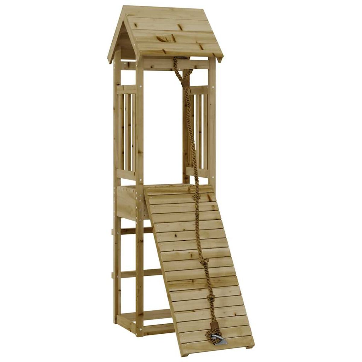 Ein Holzspielhaus mit Rutsche, Strickleiter und kleinem Dach. Isoliert auf Weiß.