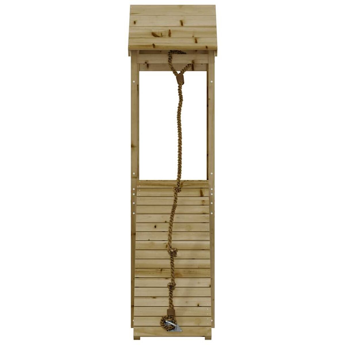 Holz-Klettergerüst mit Strickleiter und kleinem Dach.
