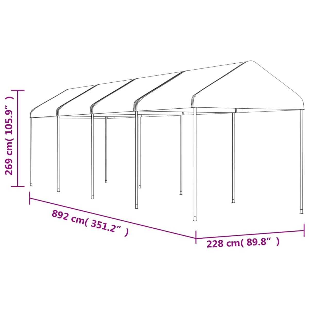 Weißer rechteckiger Pavillon mit schrägem Dach. Abmessungen in Zentimetern und Zoll angegeben.