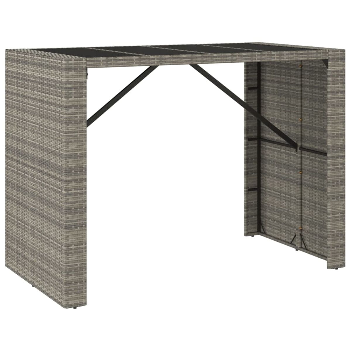 Grauer Rattan-Bartisch mit schwarzem Rahmen und Platte. Weißer Hintergrund.