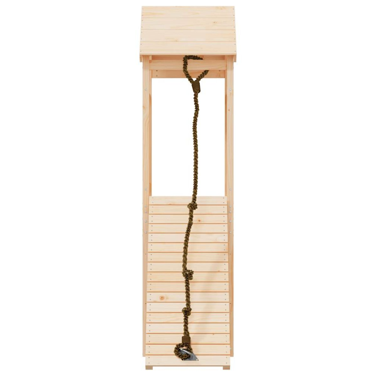 Spielstruktur aus Holz mit einer Strickleiter.