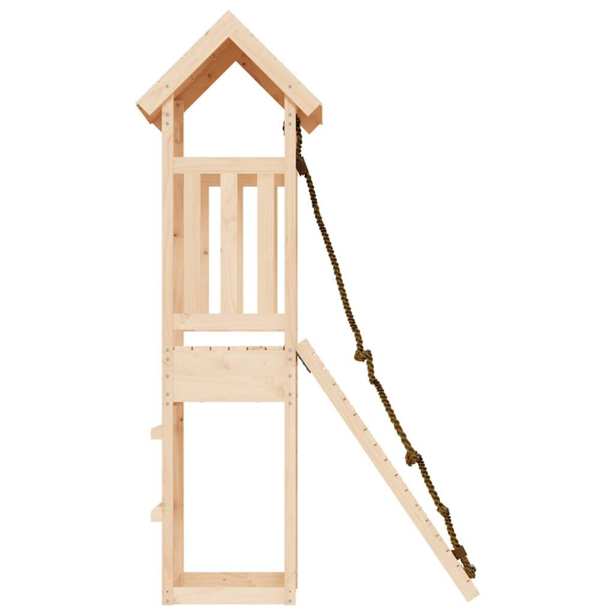 Spielhaus aus Holz mit Leiter und Seil. Seitenansicht.