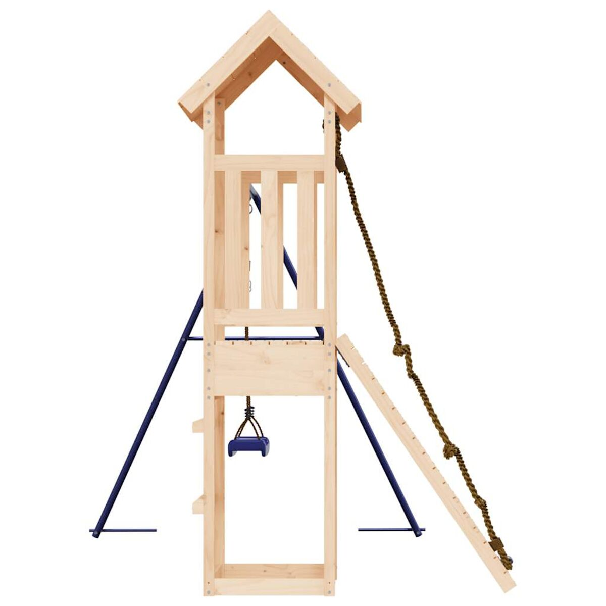 Ein Holzspielplatz mit Rutsche, Leiter und Schaukel, vor weißem Hintergrund.