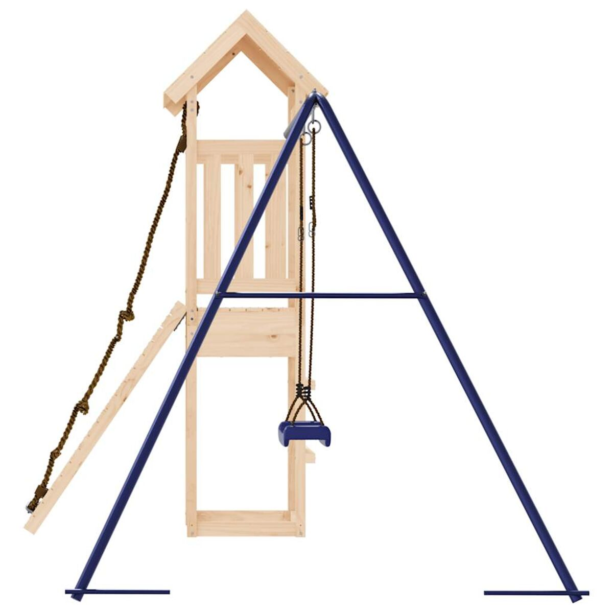 Schaukelgestell aus Holz mit blauem Rahmen, Leiter, Seil und Holzdach.