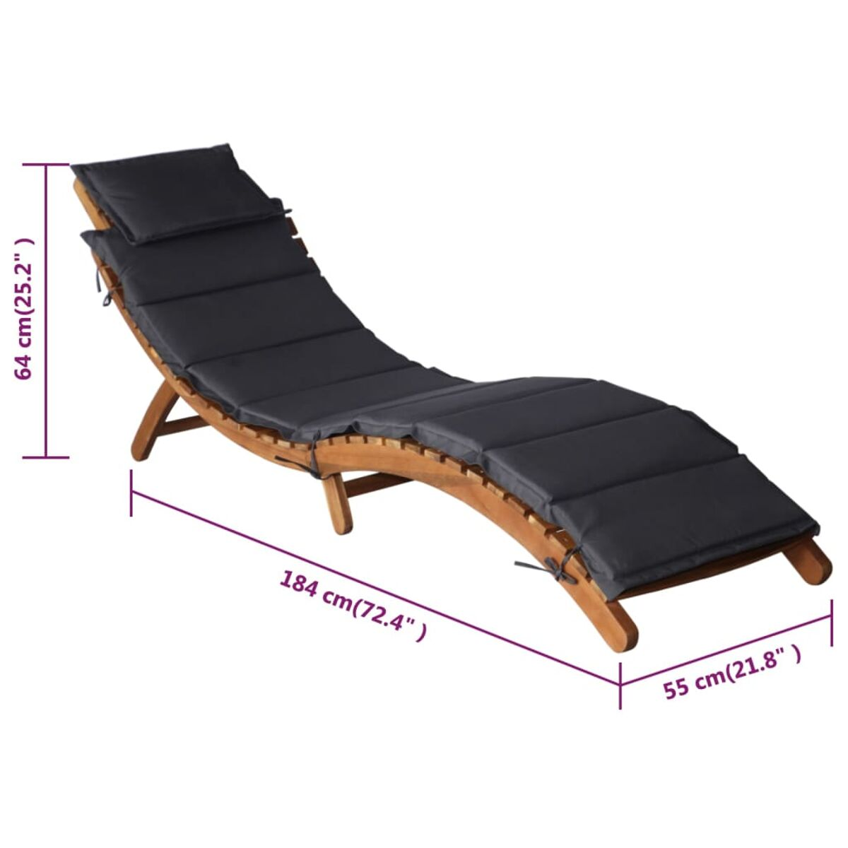 Chaise-Lounge aus Holz mit schwarzem Kissen. Gebogenes Design. Abmessungen sind angegeben.