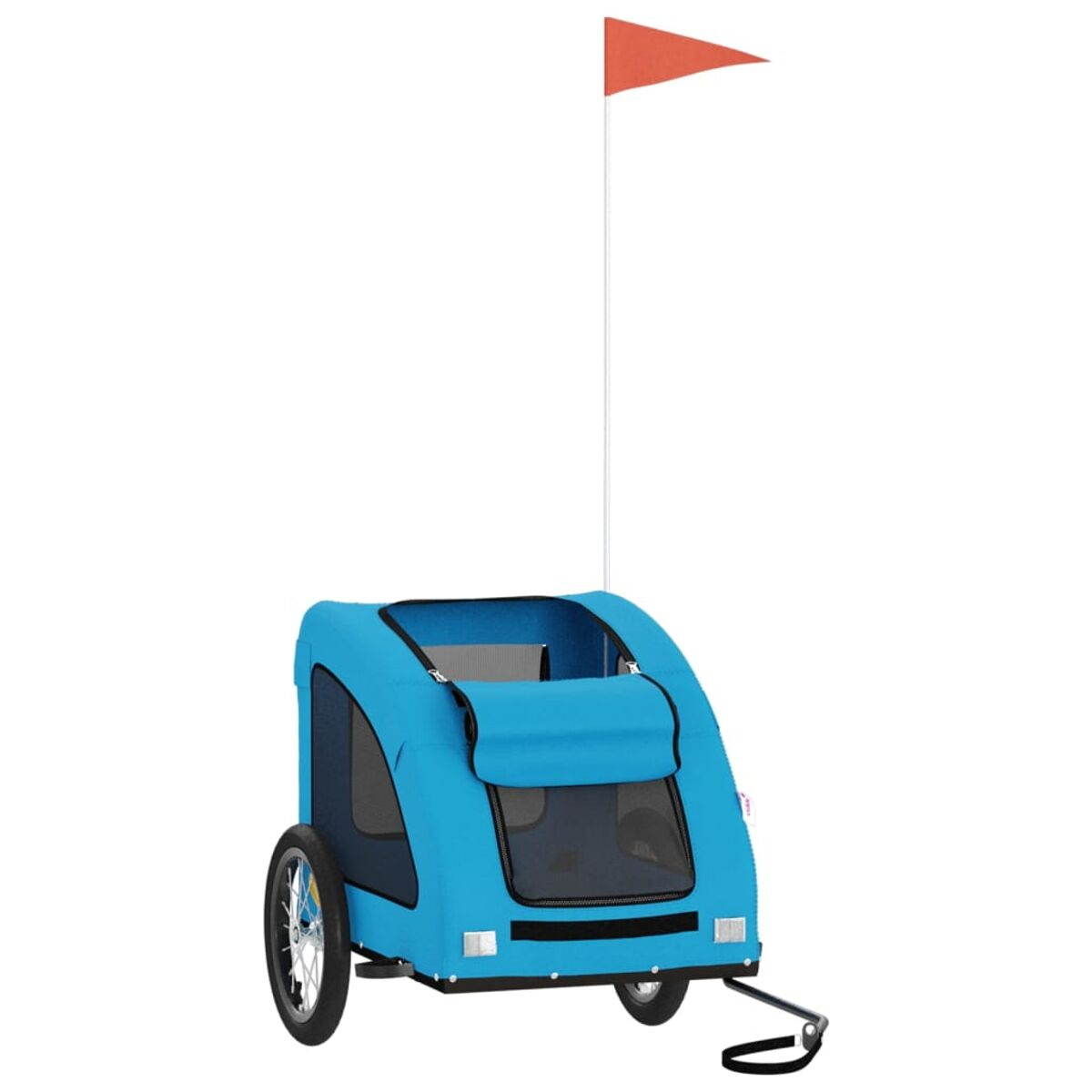 Blauer Haustieranhänger mit roter Flagge, auf weißem Hintergrund.