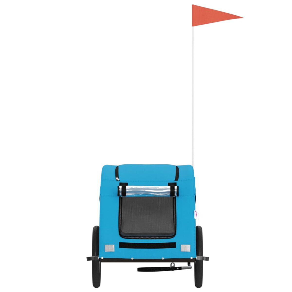 Blauer Haustieranhänger mit Flagge, schwarzen Rädern und Netzfenster.