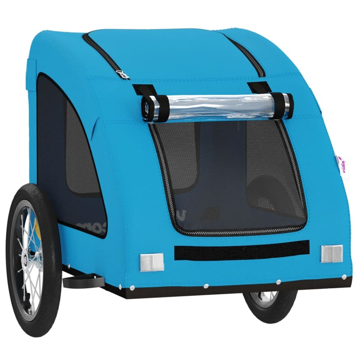 Blauer Haustieranhänger mit schwarzen Mesh-Fenstern und Rädern, Seitenansicht, freigestellt.