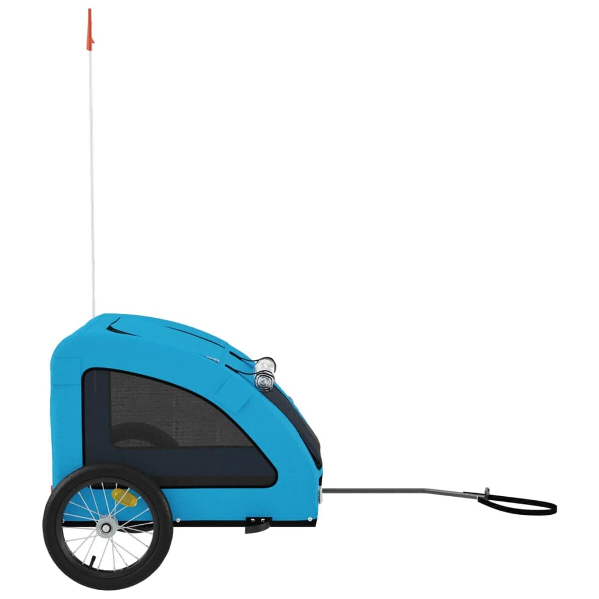 Blauer Haustieranhänger mit einem Rad und einer Fahne. Weißer Hintergrund.