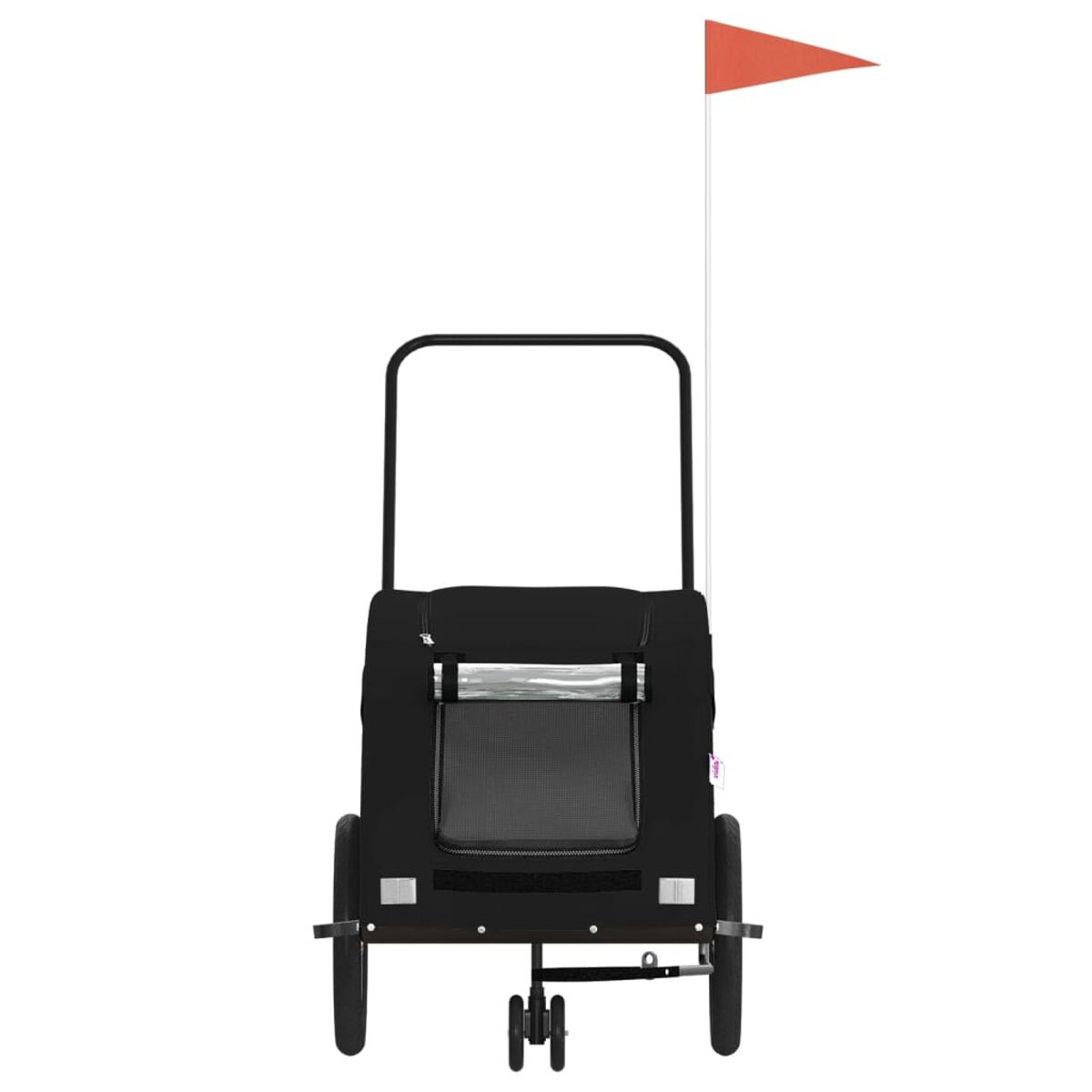 Schwarzer Haustieranhänger mit Flagge. Rückansicht, mit Rädern.