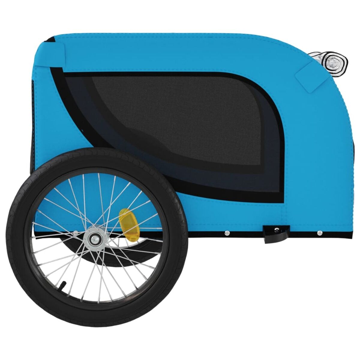 Blauer Fahrradanhänger mit schwarzem Rad und Fenster.