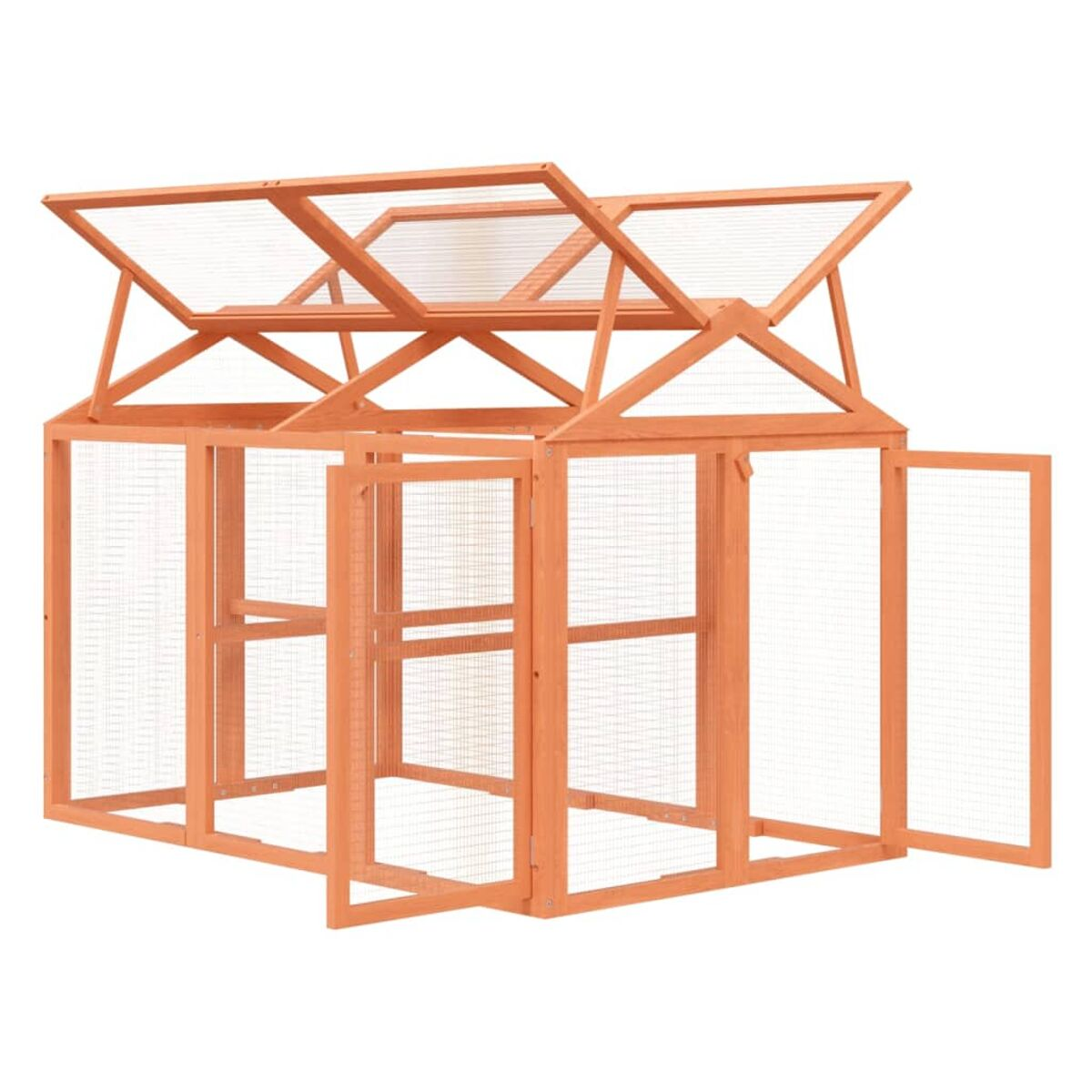 Hühnerstall aus Holz. Orange-braune Farbe, Drahtgeflecht, offene Türen, weißer Hintergrund.