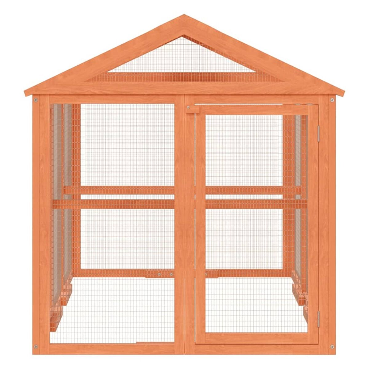 Hühnerstall aus Holz mit Drahtgitterwänden und -tür. Das Dach ist orange.