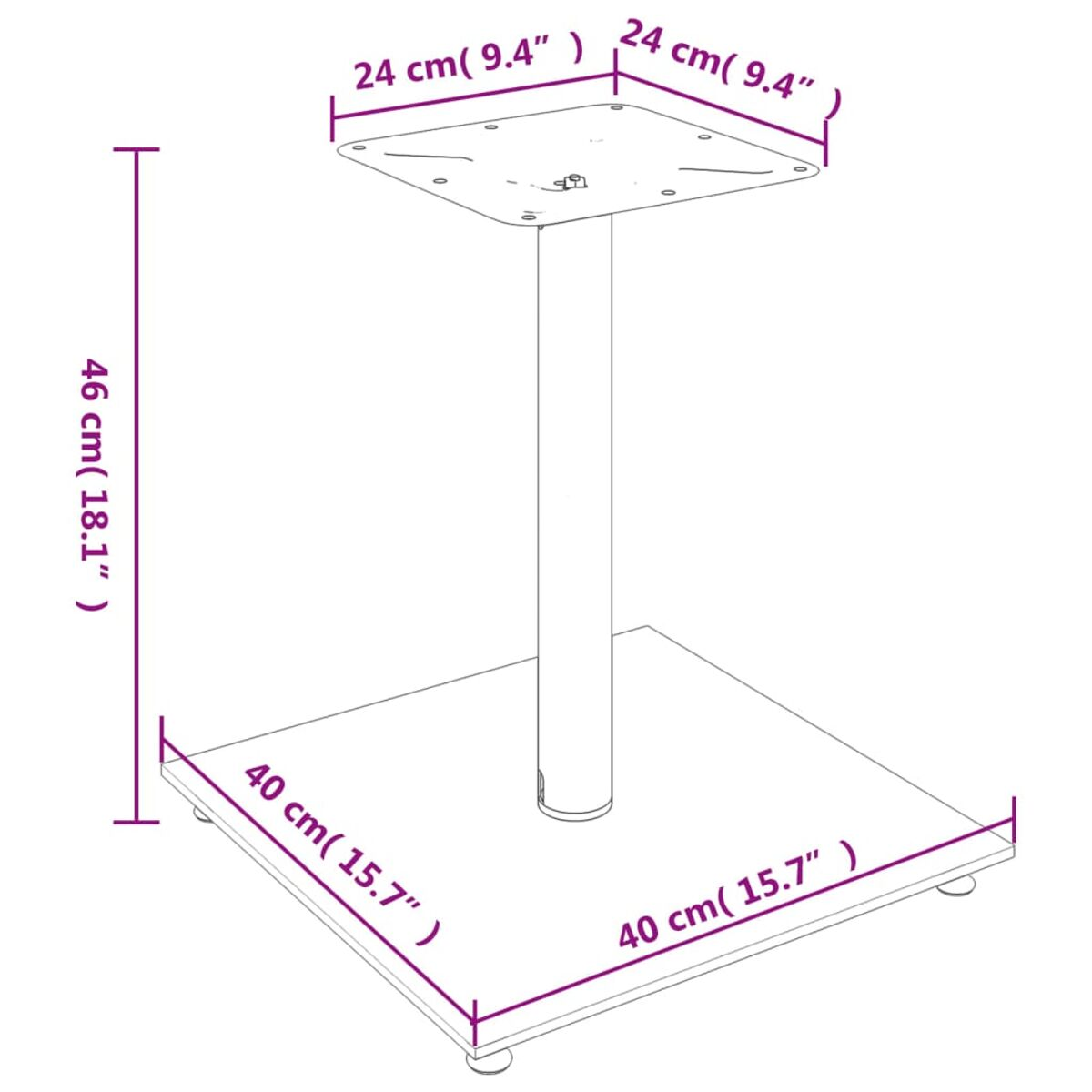 Ein Metall-Tischständer mit quadratischer Basis und Oberseite, mit Maßangaben in cm und Zoll.
