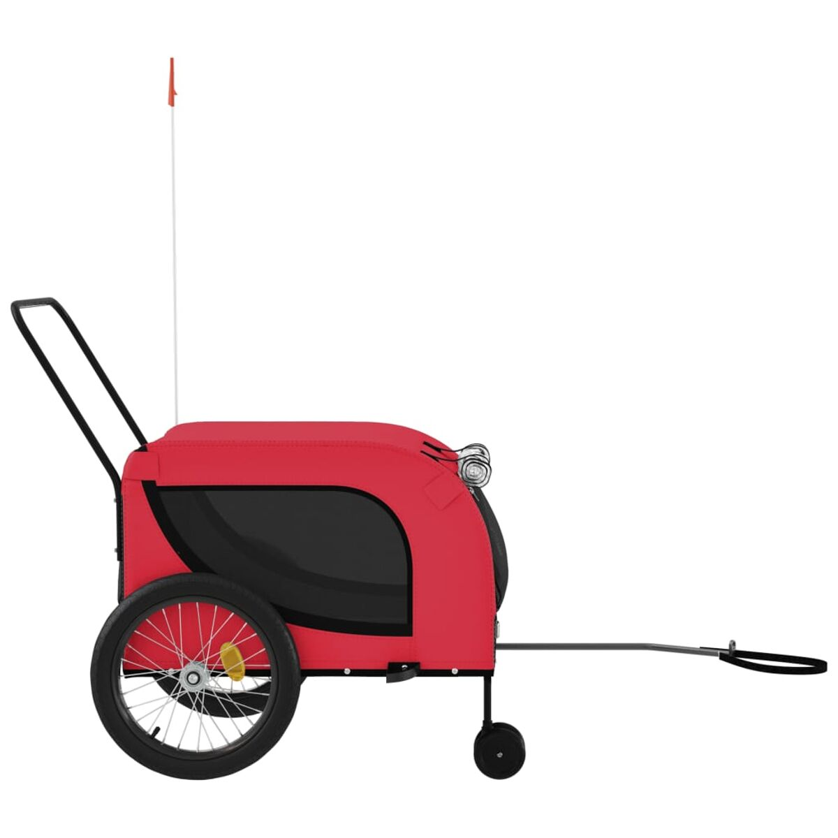 Ein roter Haustieranhänger mit Fahne, schwarzen Rädern und Griff.
