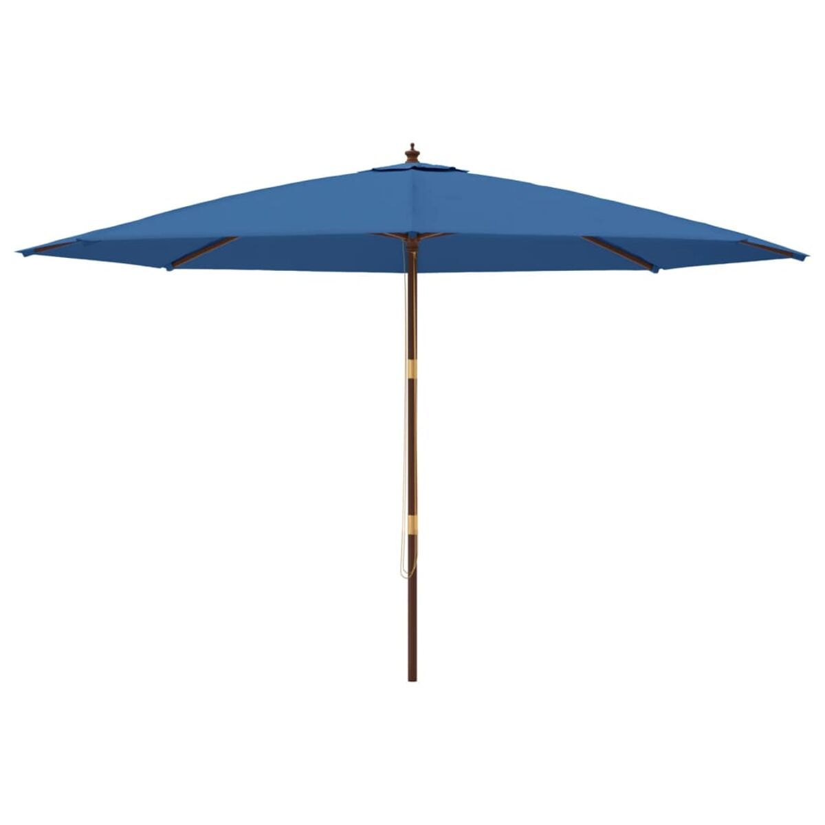 Blauer quadratischer Sonnenschirm für draußen. Holzstange. Einfaches Design. Isoliert auf weißem Hintergrund.