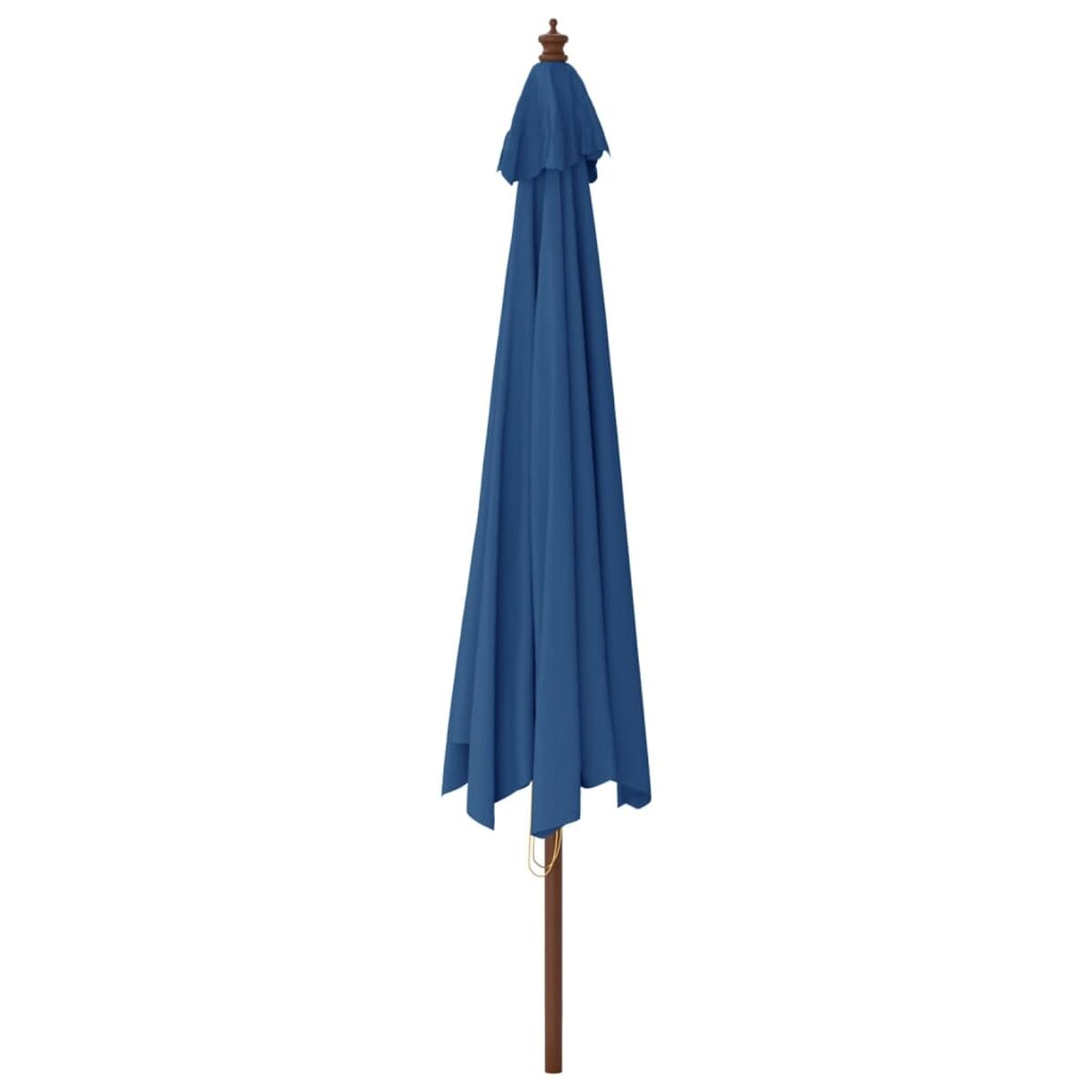 Blauer Sonnenschirm. Holzstange. Dunkelblauer Stoff. Oberseite mit braunem Knauf.