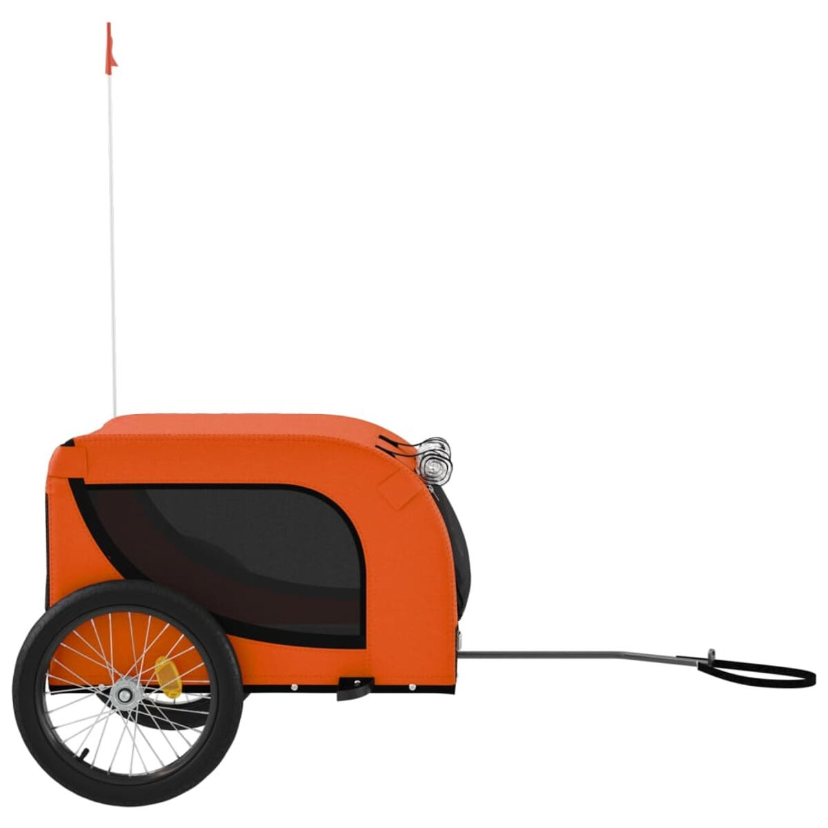 Seitenansicht eines orangefarbenen Anhängers mit einem Rad, einer Flagge und einem schwarzen Fenster.