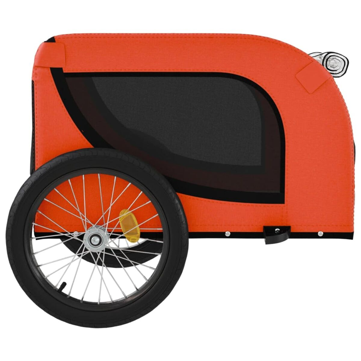 Ein orangefarbener Hundeanhänger. Er hat ein schwarzes Netzfenster und ein schwarzes Rad.