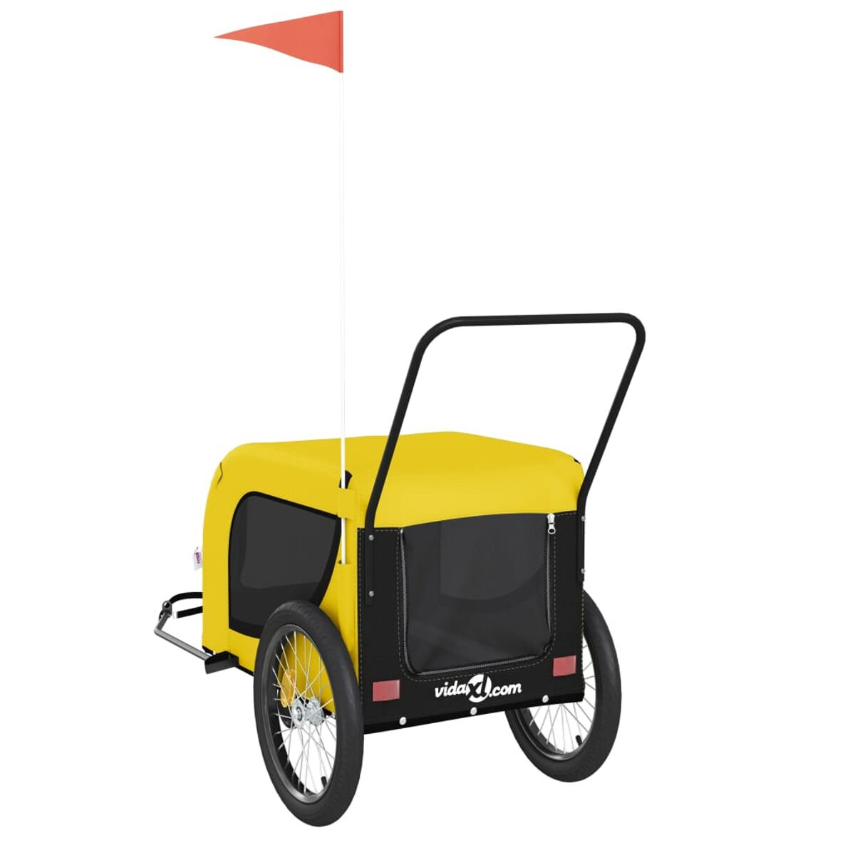 Gelber Haustieranhänger mit schwarzen Netztüren, roter Flagge und zwei schwarzen Rädern.