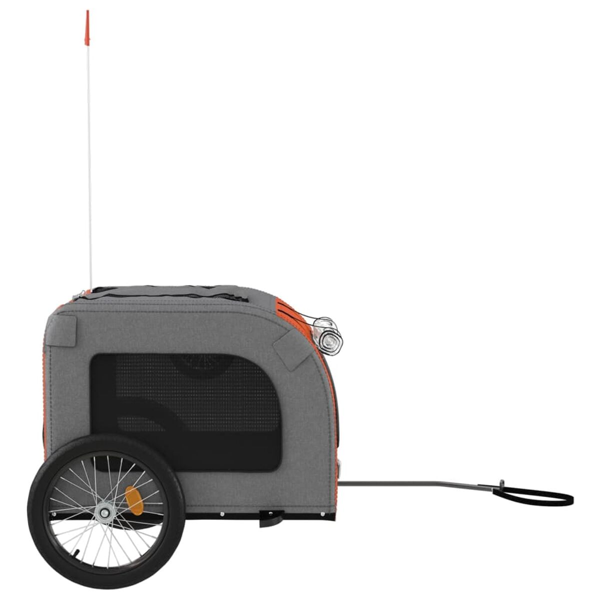 Grau-oranger Haustieranhänger mit Rad und Flagge.