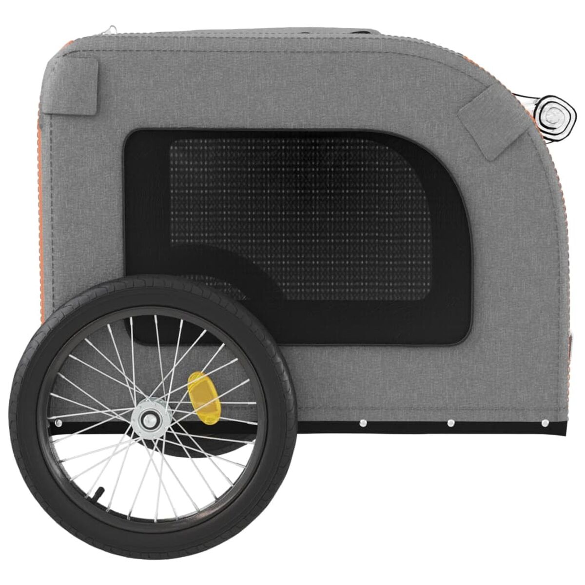 Grau-oranger Fahrradanhänger mit schwarzem Rad. Fenster und orangefarbene Zierleiste.