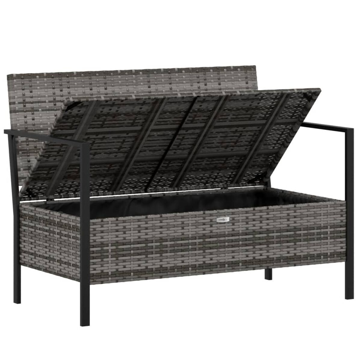Graue gewebte Outdoor-Aufbewahrungsbank mit offenem Deckel. Schwarzer Metallrahmen.