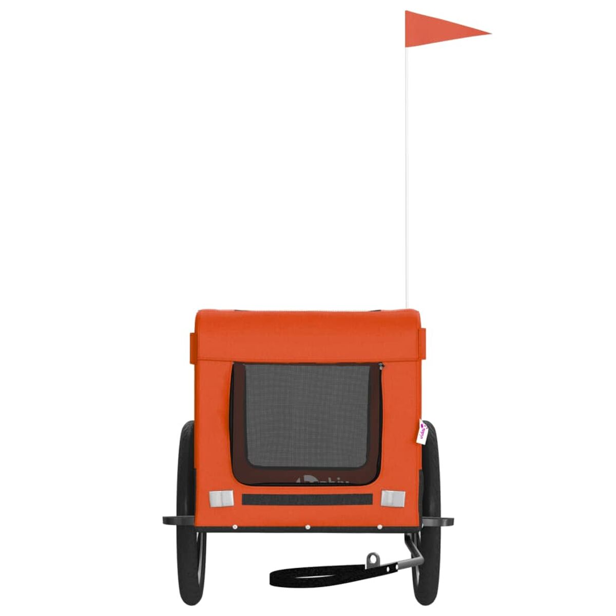 Orangener Haustieranhänger mit schwarzen Rädern, einer Flagge und einer Tür. Weißer Hintergrund.