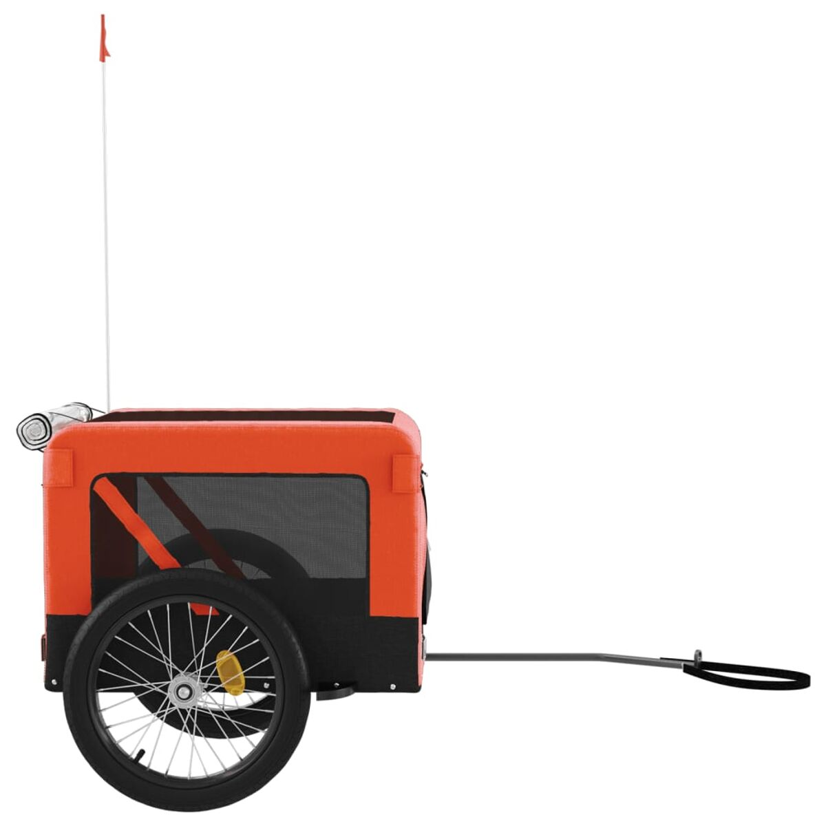 Orangener und schwarzer Fahrradanhänger mit weißer Fahne und schwarzem Rad.