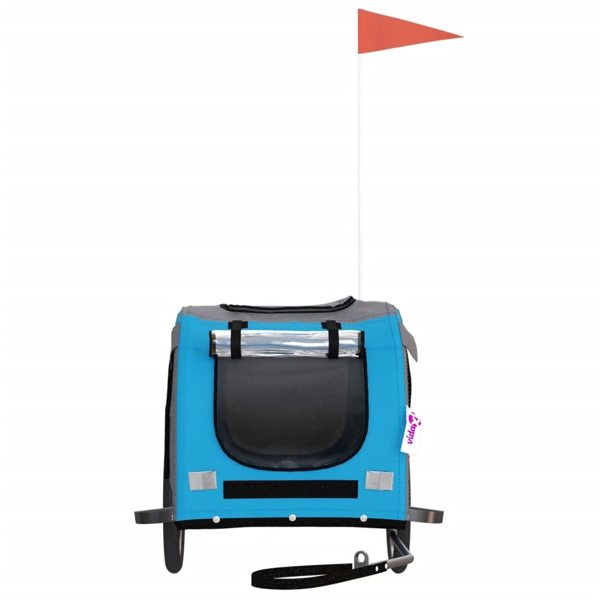 Blauer Haustieranhänger, orangefarbene Flagge. Schwarze Deichsel, schwarzes Netzfenster. Grauer Deckel.