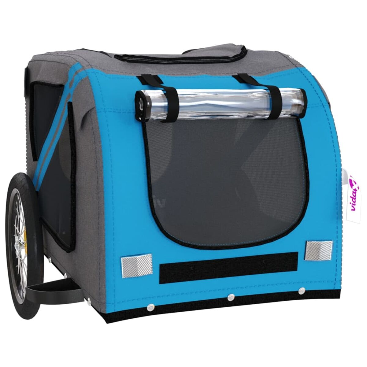 Ein blau-grauer Haustieranhänger. Er hat ein Fenster und ein schwarzes Gitter.