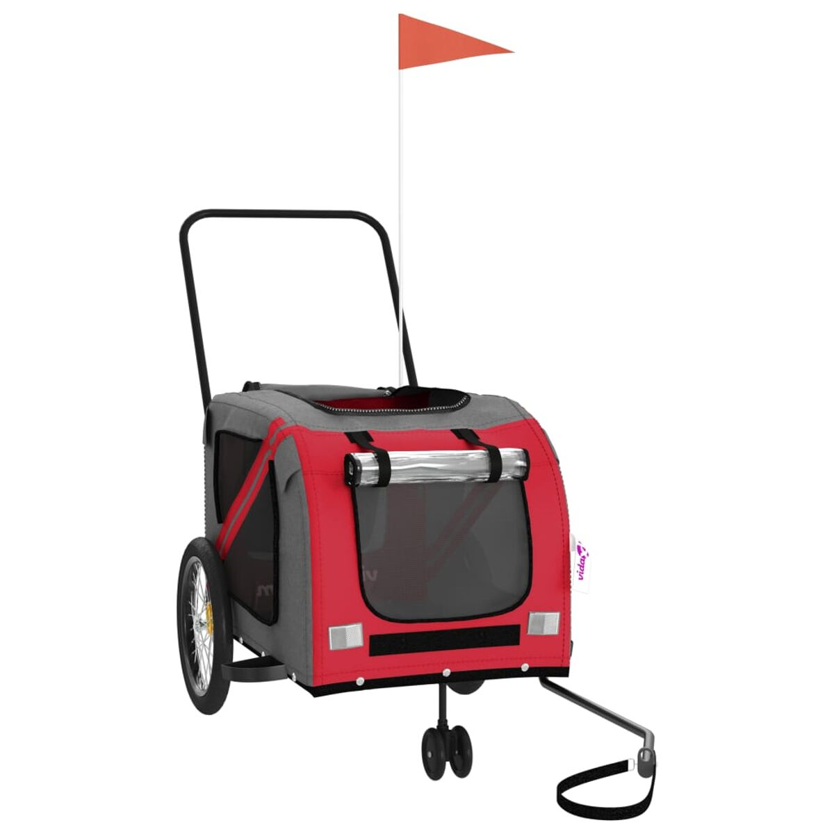 Roter und grauer Haustieranhänger mit Flagge, zwei Rädern und Griff.