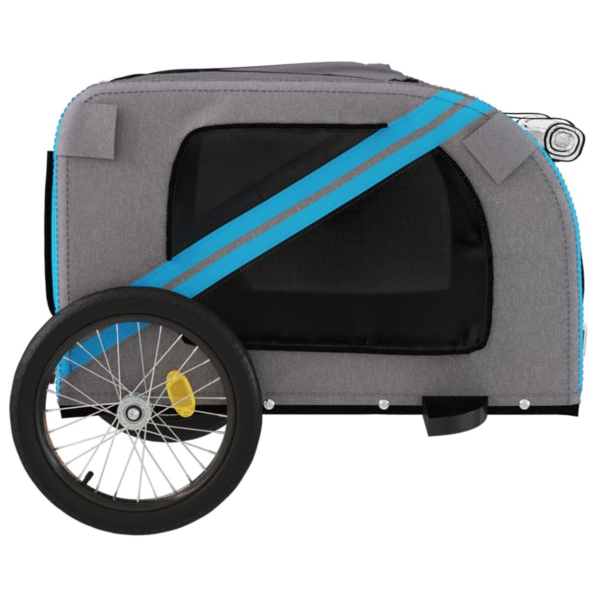 Grau-blauer Haustieranhänger mit Rad. Er hat einen blauen Streifen und ein schwarzes Netzfenster.